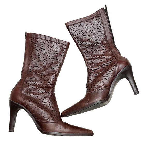 Zara Brown Floral Laser Cut-Out Leather Boots Sz 40 - Picture 2 of 7